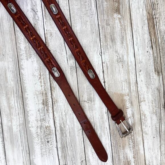 Fossil Western Leather Belt Sz 38 Brown Metal Woven Concho Silver Tone Cowgirl - Picture 14 of 14